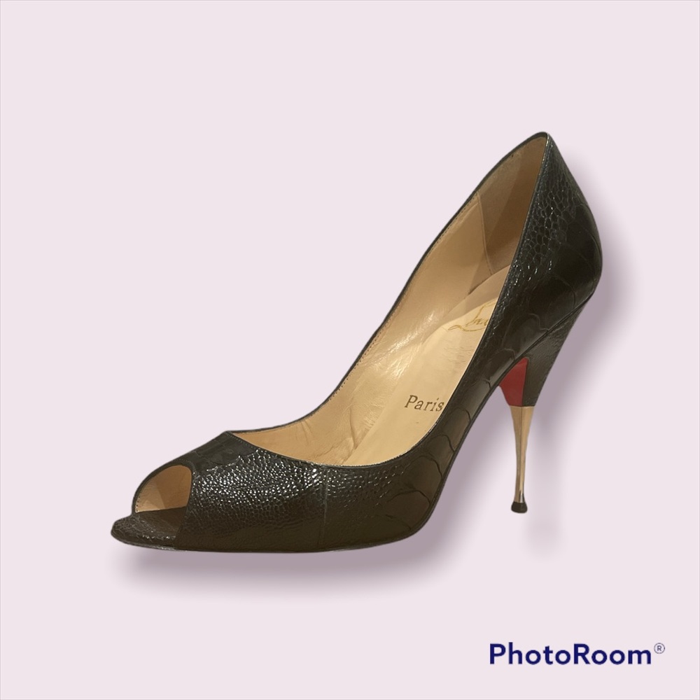 Christian Louboutin snake embossed peep toe pumps